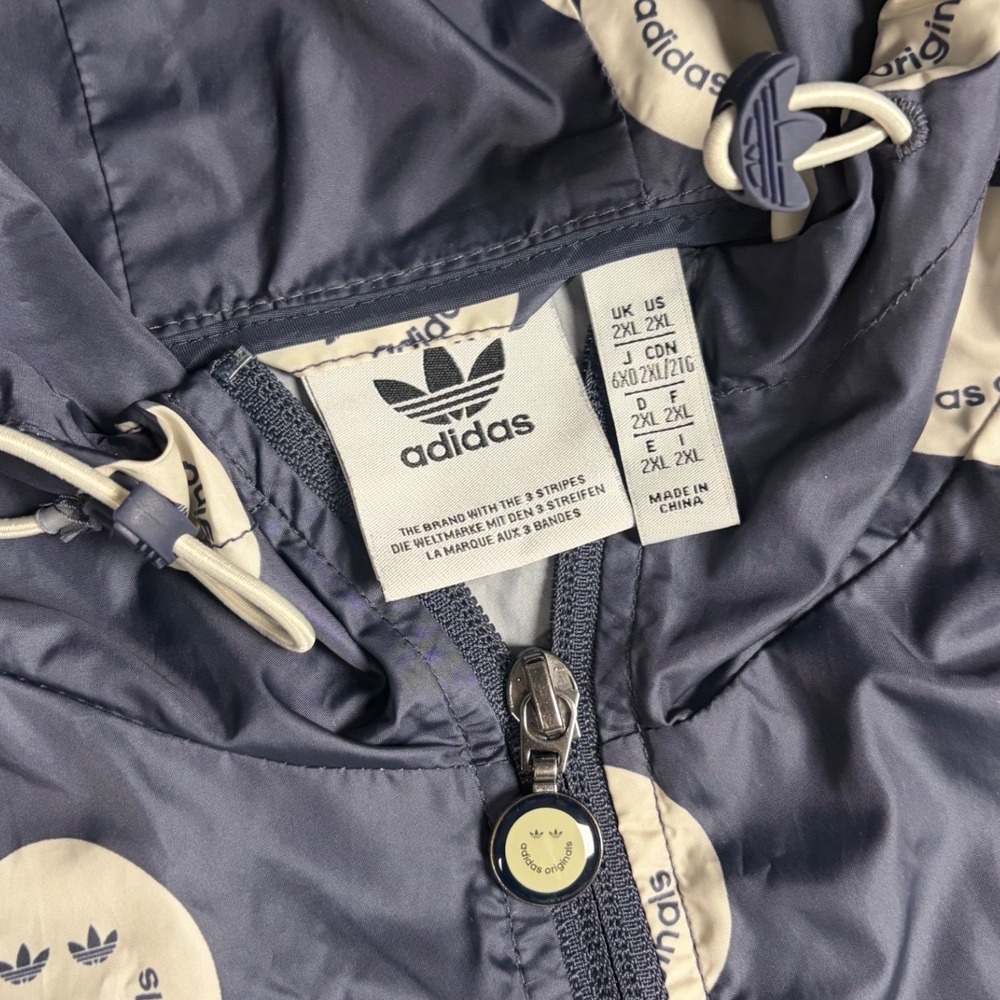 Adidas Windbreaker Mens 2XL Navy Blue Smiley Face Trefoil Full Zip Hooded Jacket - Picture 3 of 7